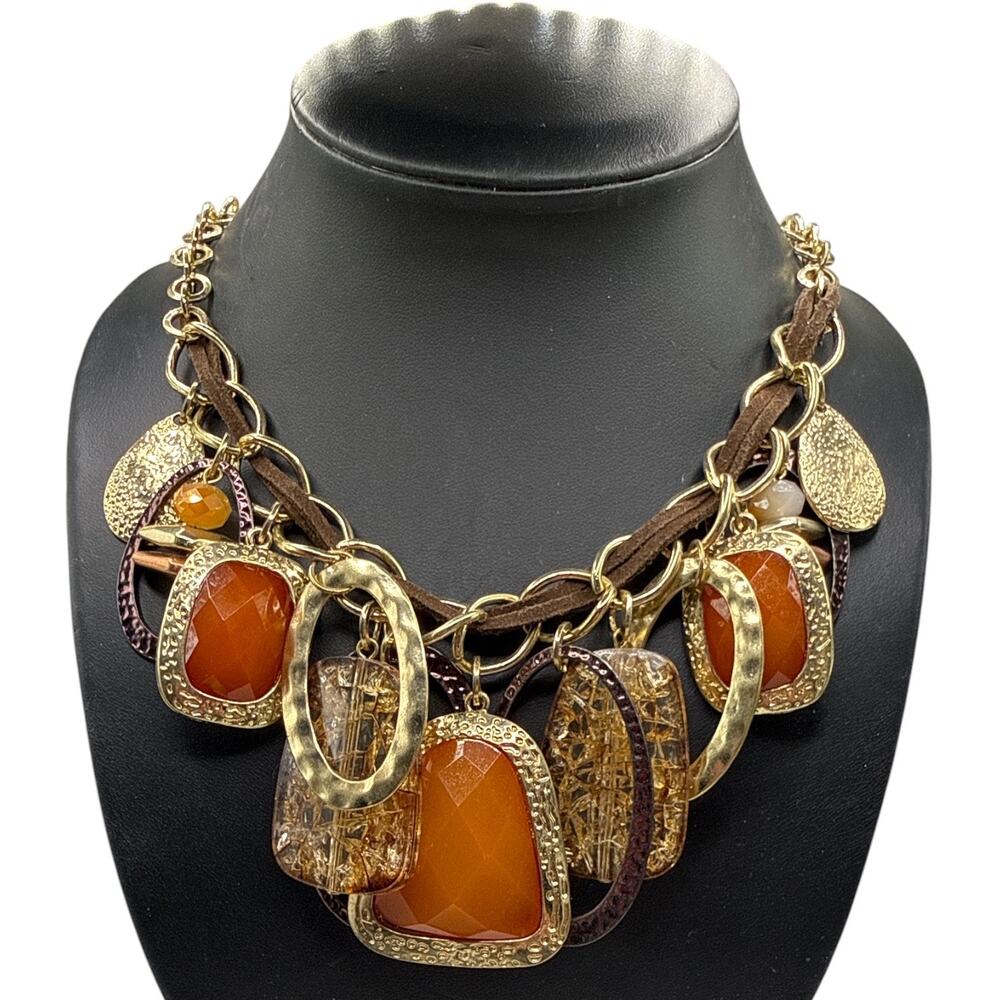 Laura Ashley Chunky Statement Necklace Gold Tone Amber Orange Faux Stone 20”